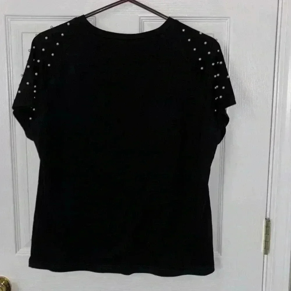 Black Beaded Sleeve Top Women’s Size Large Embellished Blouse - Picture 5 of 5